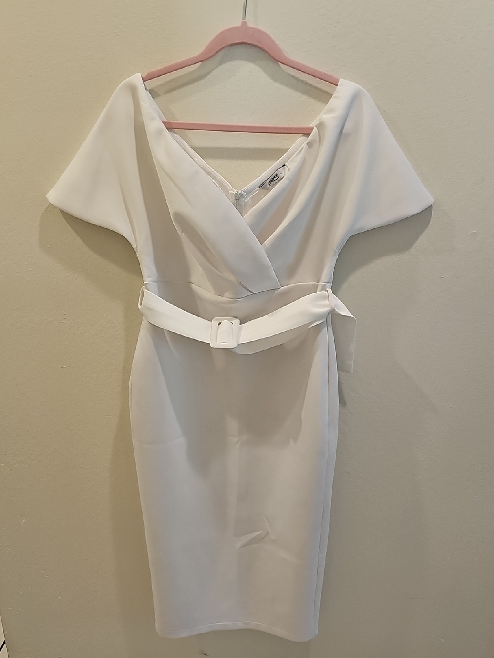 White V-Neck Belted Midi Dress for Women